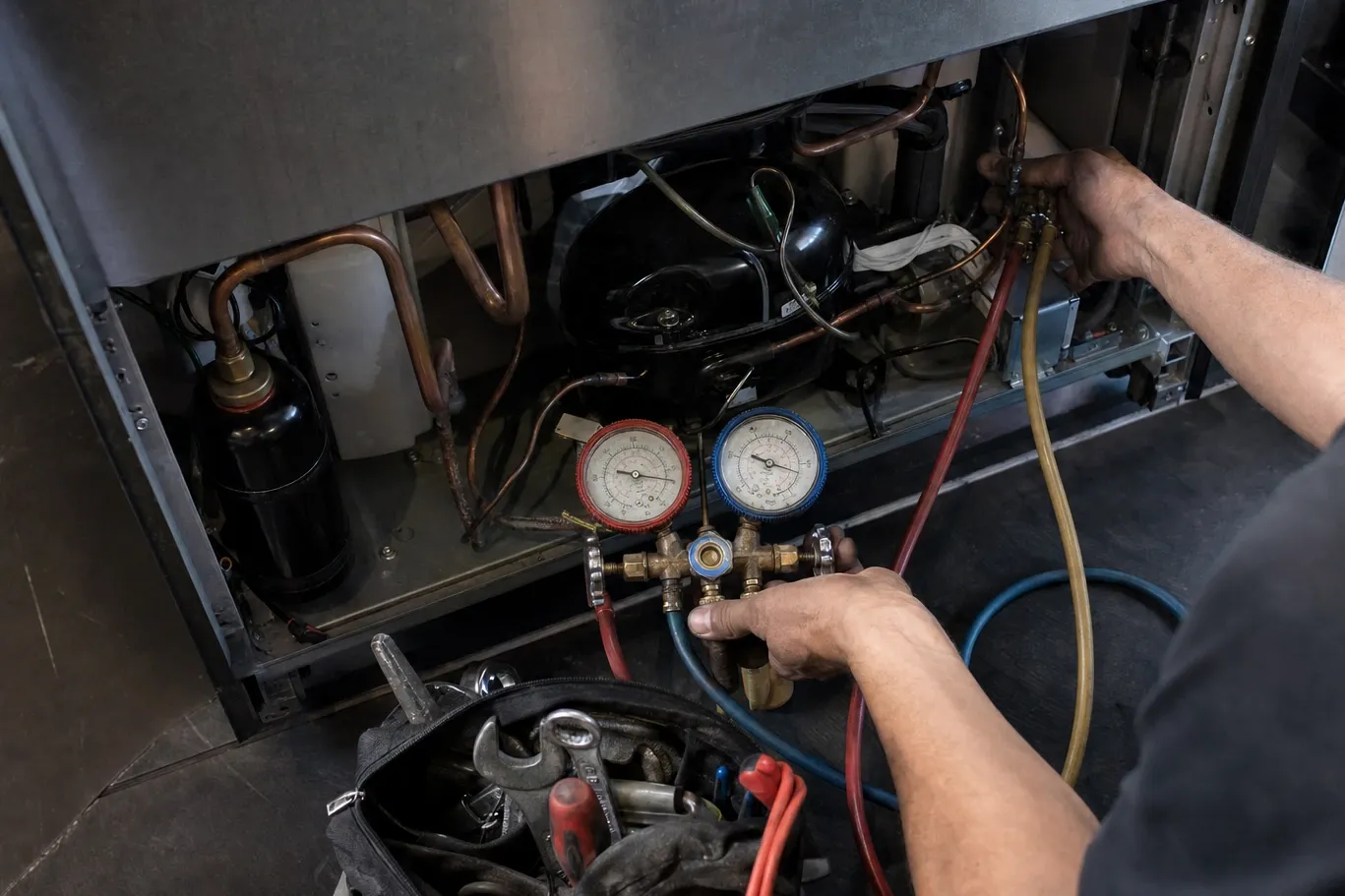 Manifold gauge set connected into the sealed system of a stainless unit pulled out of its cabinet, compressor and copper lines in view