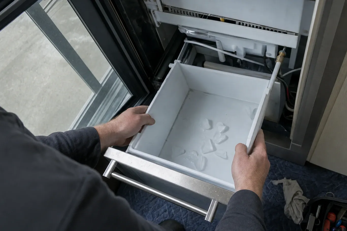 Hands lifting a nearly empty ice storage bin out of an undercounter ice maker, fill tube and water fitting above it