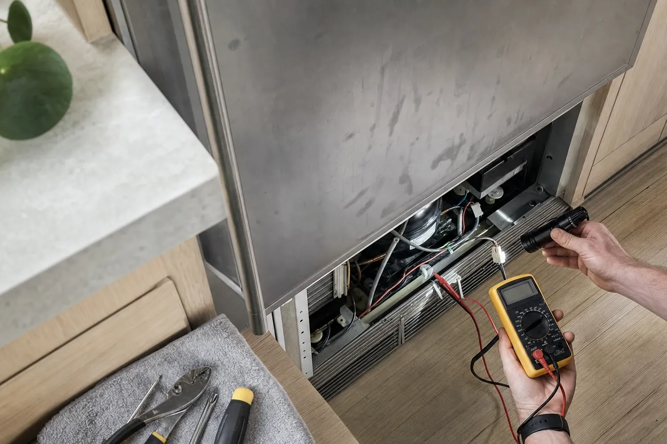 Overhead view of an undercounter unit with the lower grille removed, a flashlight in one hand and multimeter probes clipped to a connector by the compressor